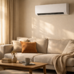 modern living room with running wall mounted air conditioner