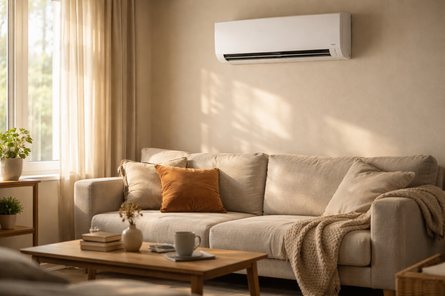 modern living room with running wall mounted air conditioner