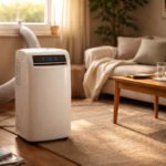 Portable air conditioner cooling cozy sunlit living room naturally