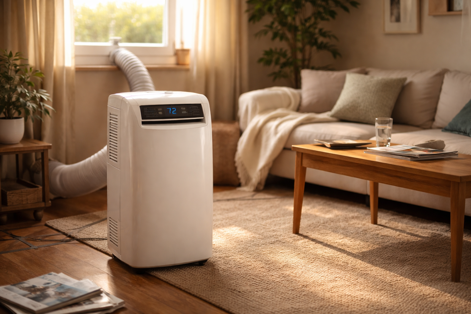 Portable air conditioner cooling cozy sunlit living room naturally