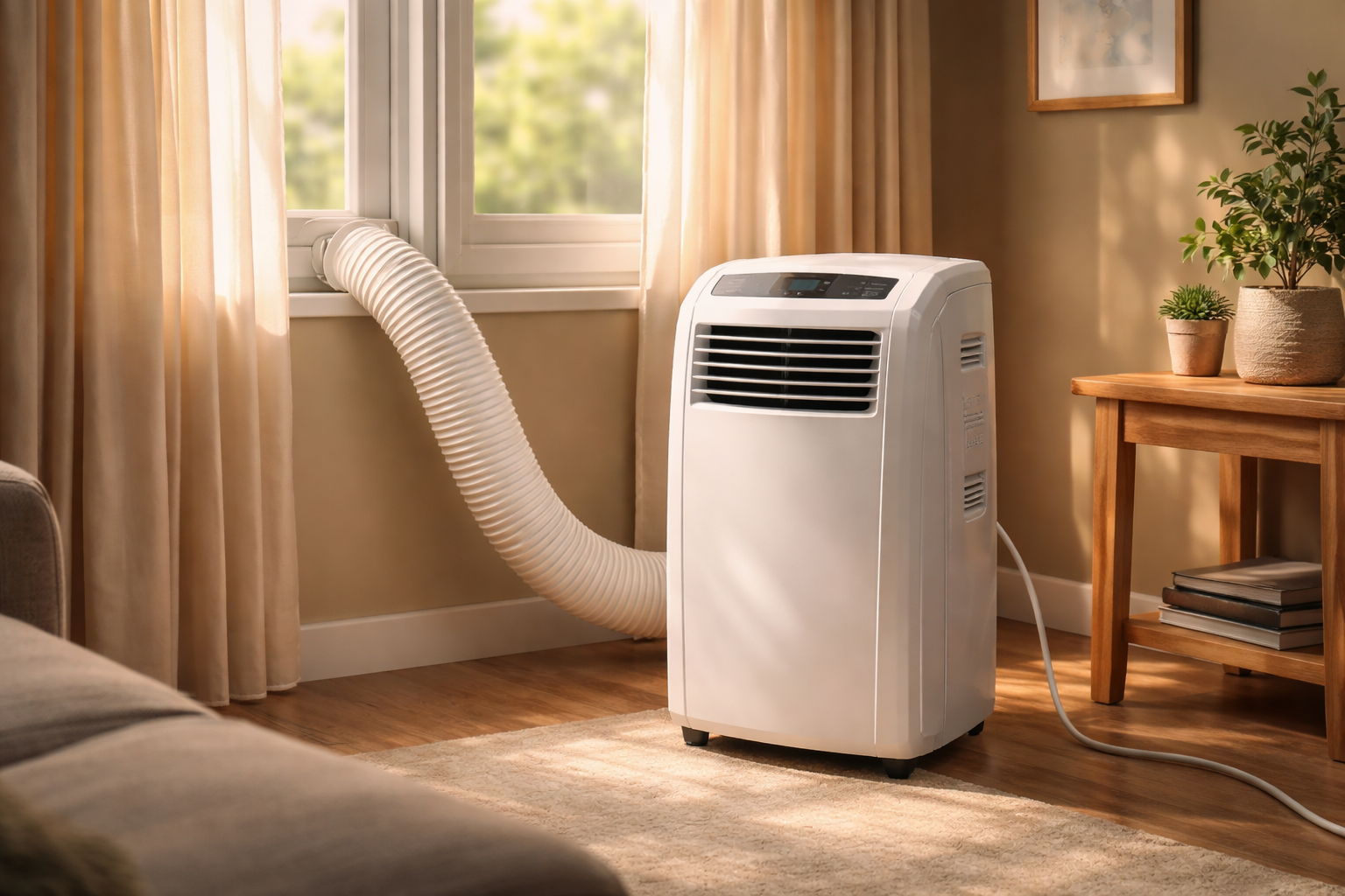 portable air conditioner properly installed near window with exhaust hose