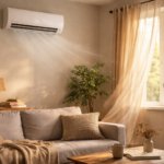 air conditioner running in cozy living room with natural sunlight