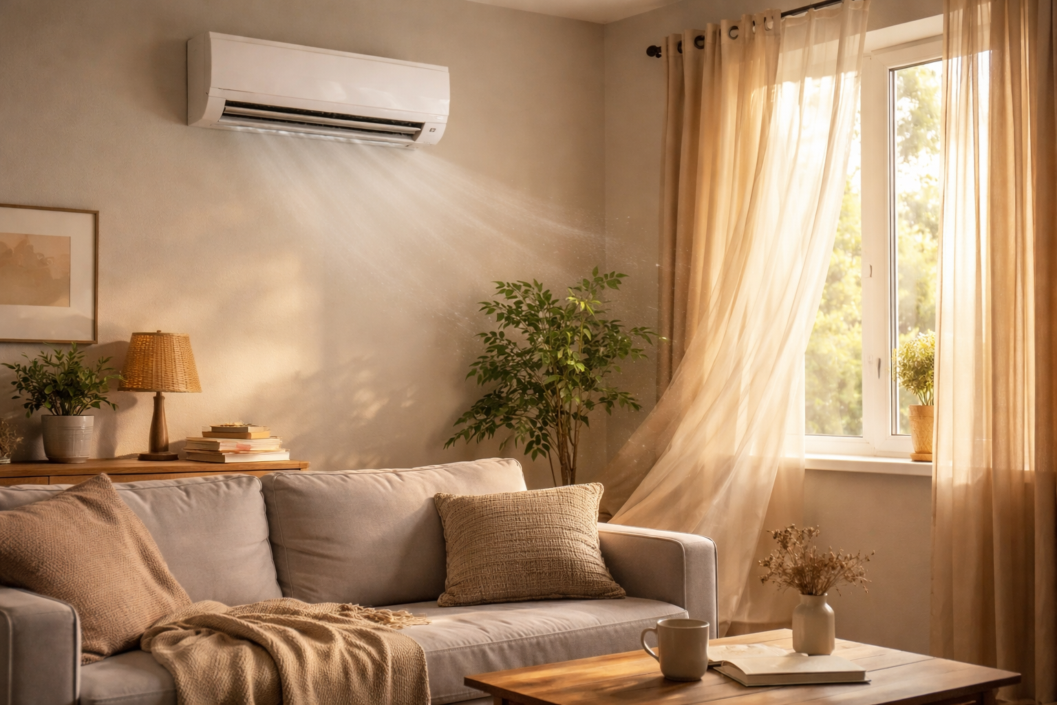 air conditioner running in cozy living room with natural sunlight