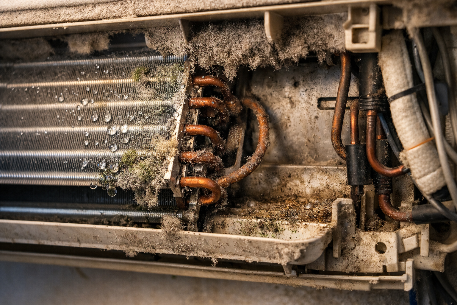 dirty air conditioner evaporator coil with dust and moisture buildup