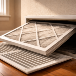 HVAC air filter partially inserted into home air vent