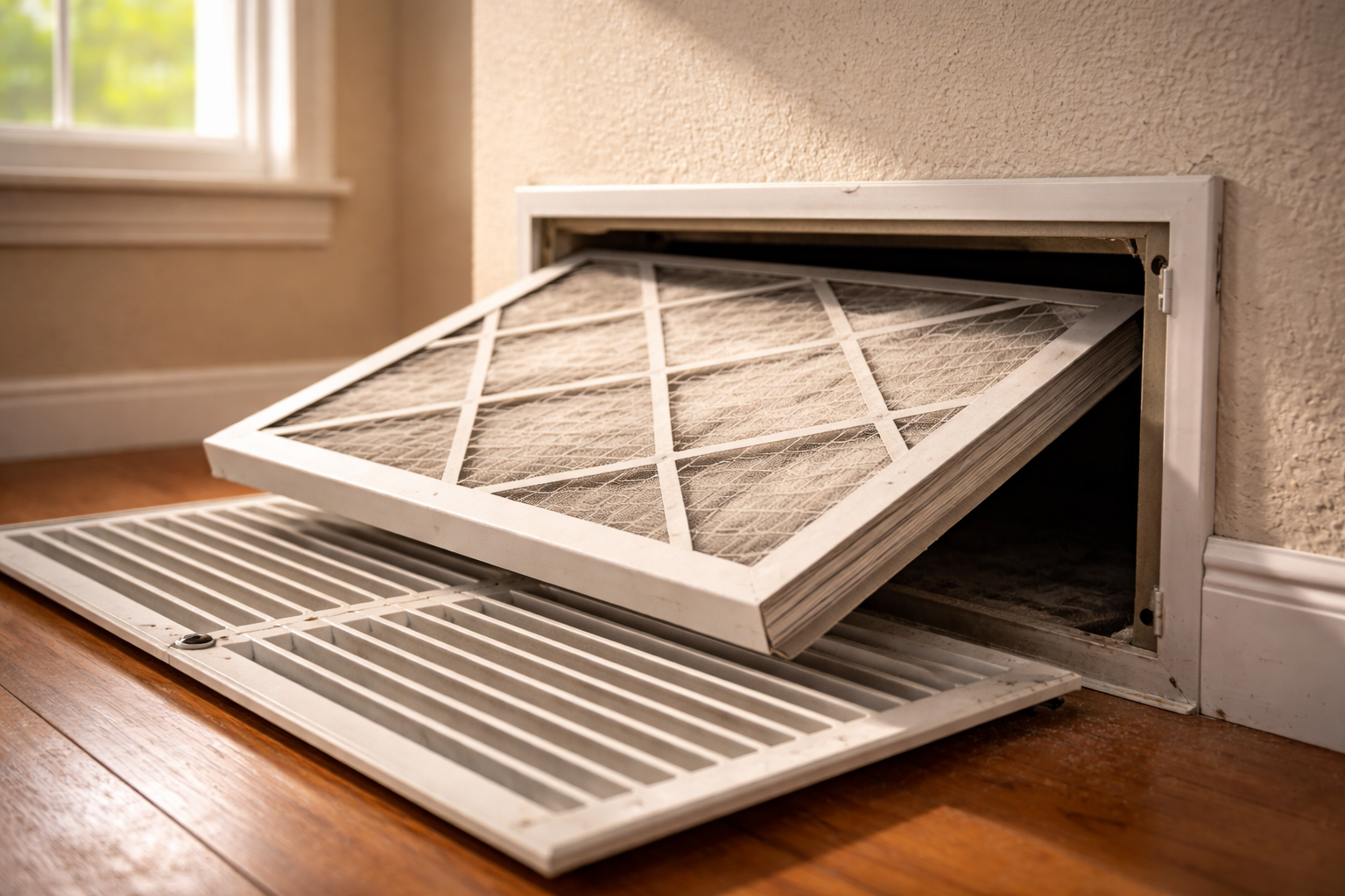 HVAC air filter partially inserted into home air vent
