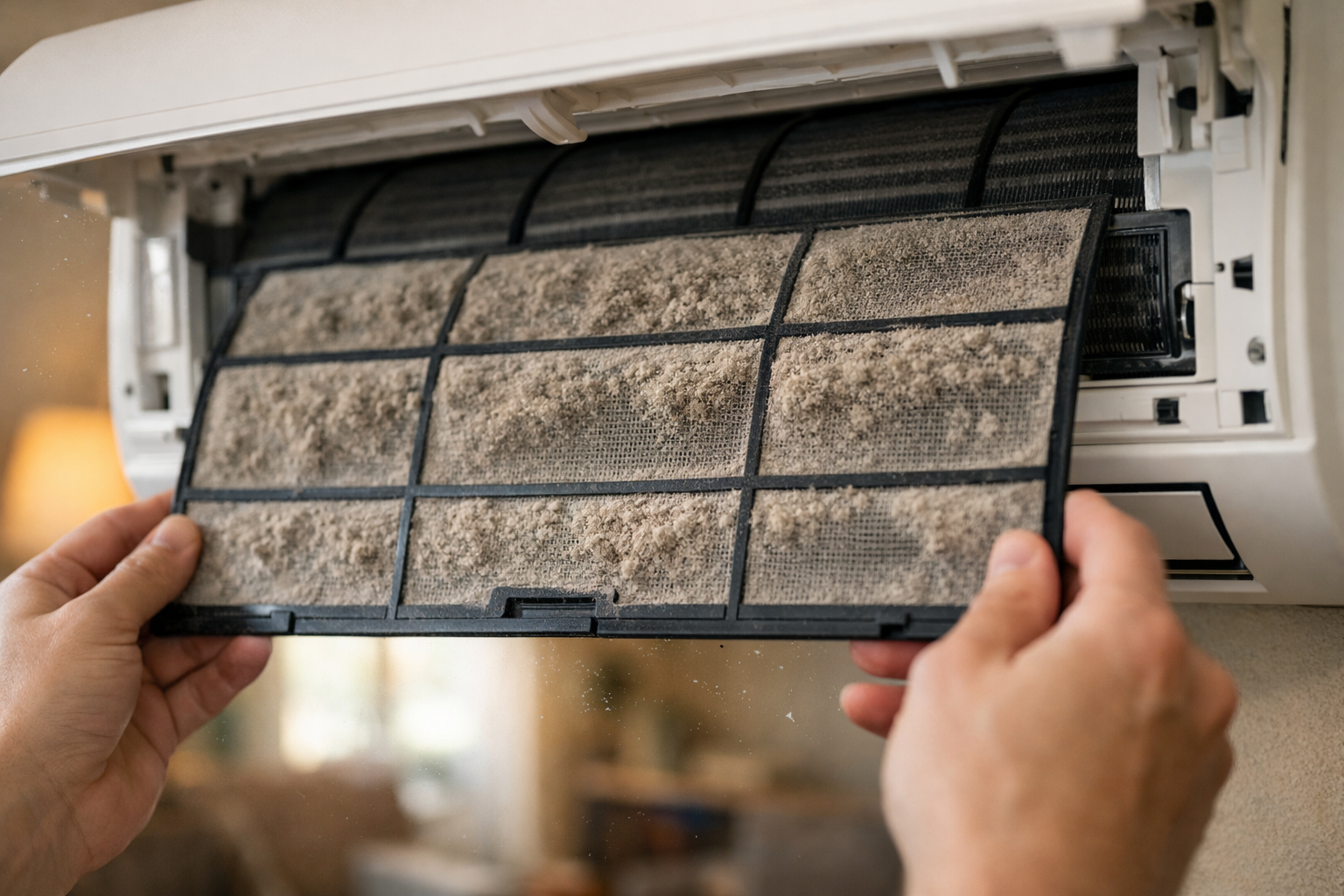 Dirty air conditioner filter causing airflow blockage and dust buildup