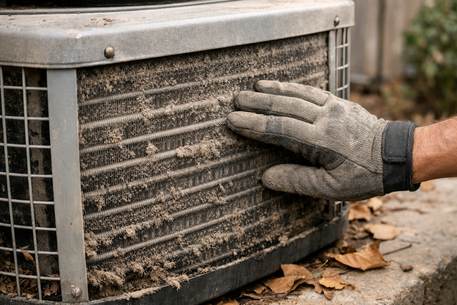 dirty outdoor AC condenser unit being inspected for cooling issues
