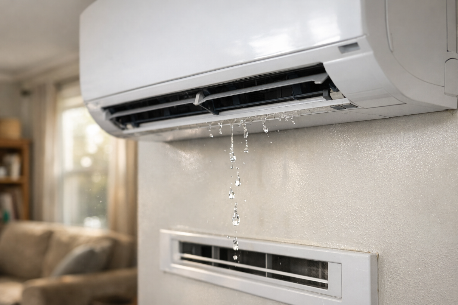 Air conditioner dripping water inside room with visible condensation