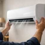 Installed ductless air conditioner in modern living room interior