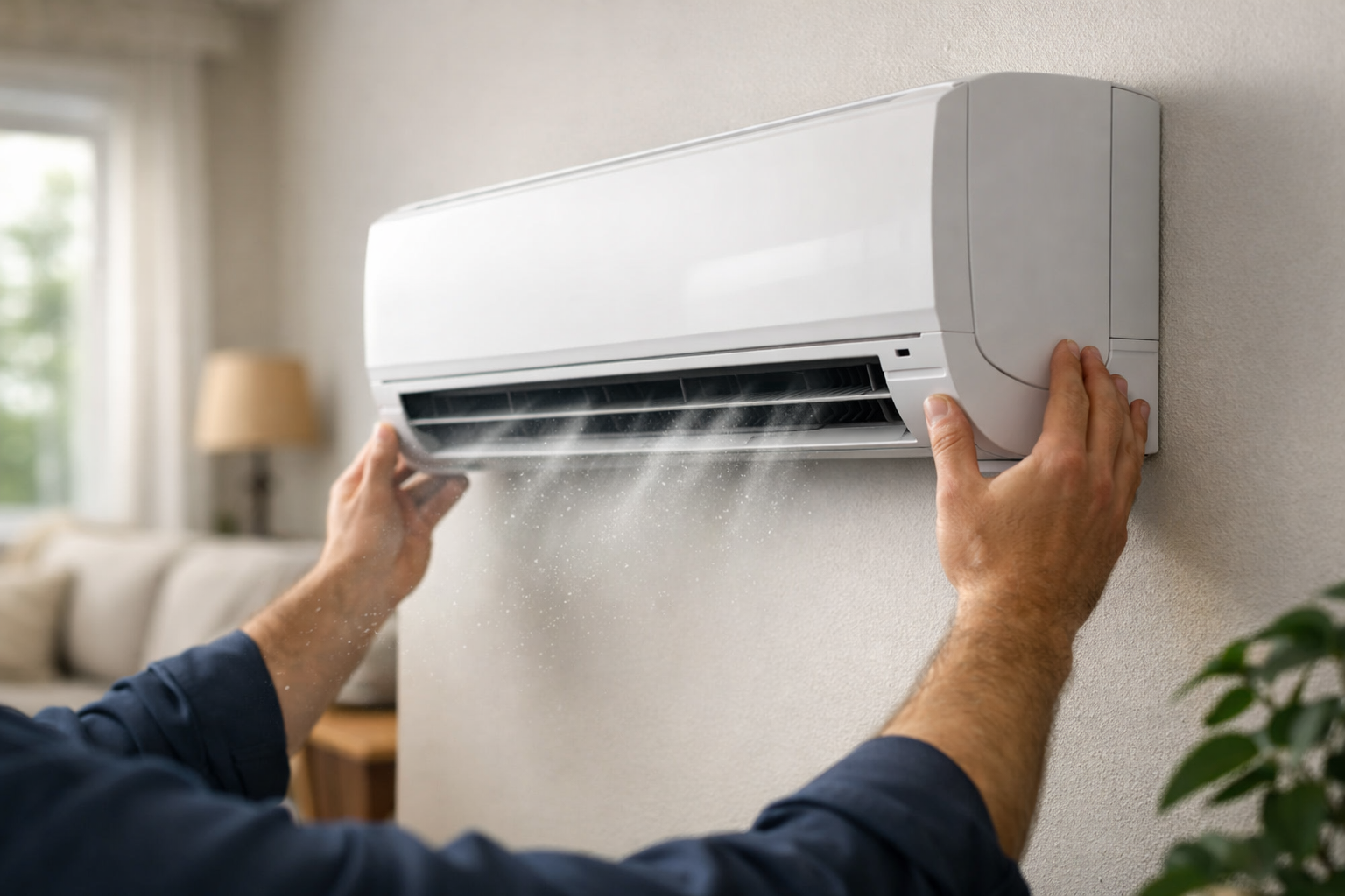 Installed ductless air conditioner in modern living room interior