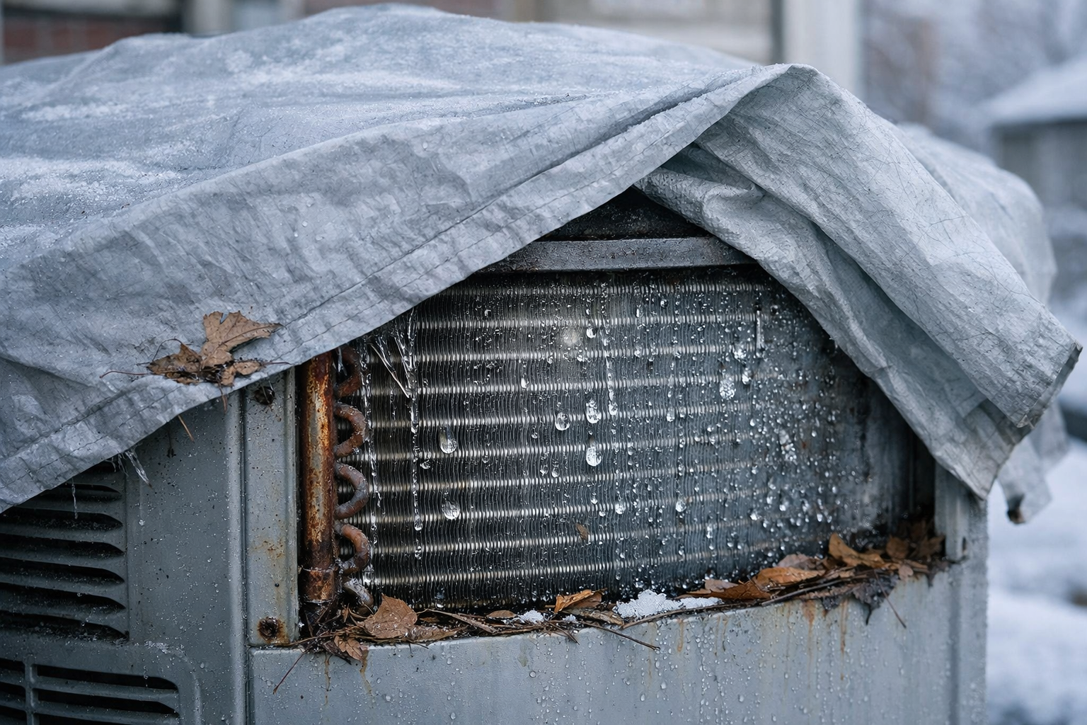 Improperly covered AC unit trapping moisture in winter