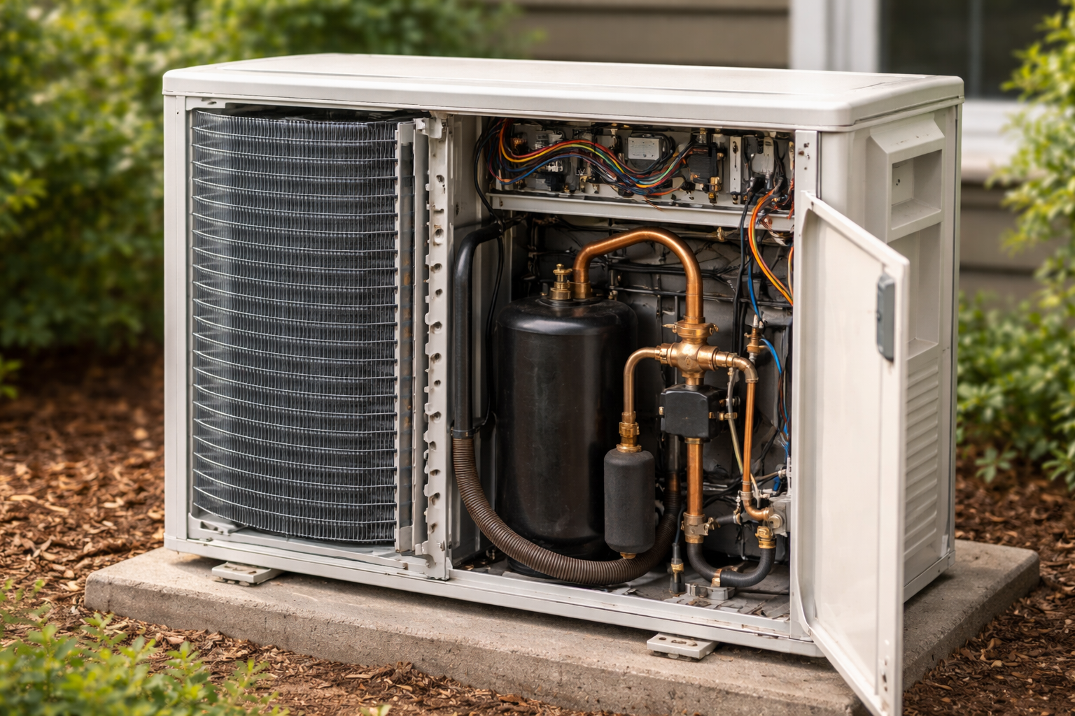 Air conditioner outdoor unit showing internal compressor and components