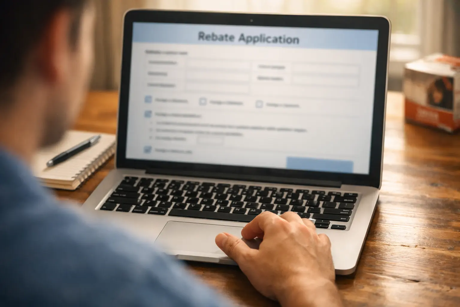 person filling out online air conditioner rebate application on laptop