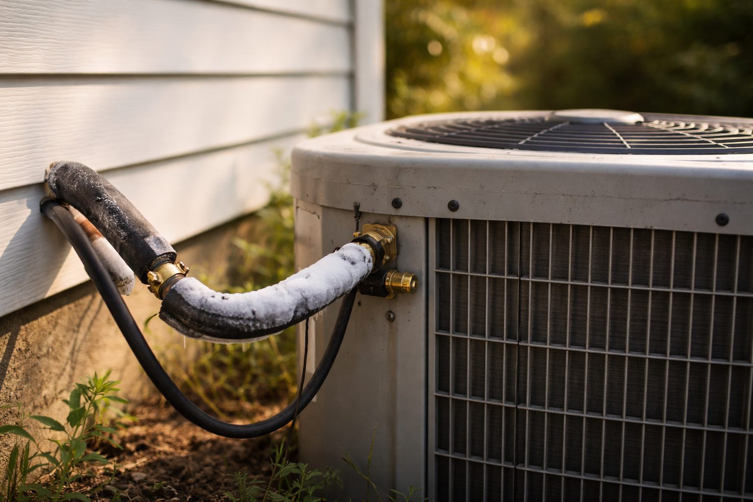 frozen refrigerant line on outdoor air conditioner unit close up