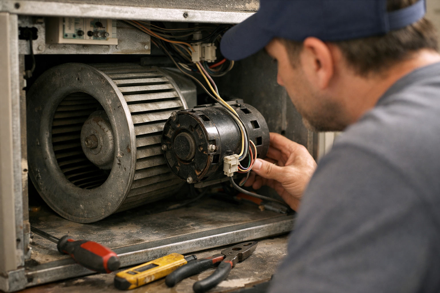 hvac blower motor inspection inside indoor air handler unit