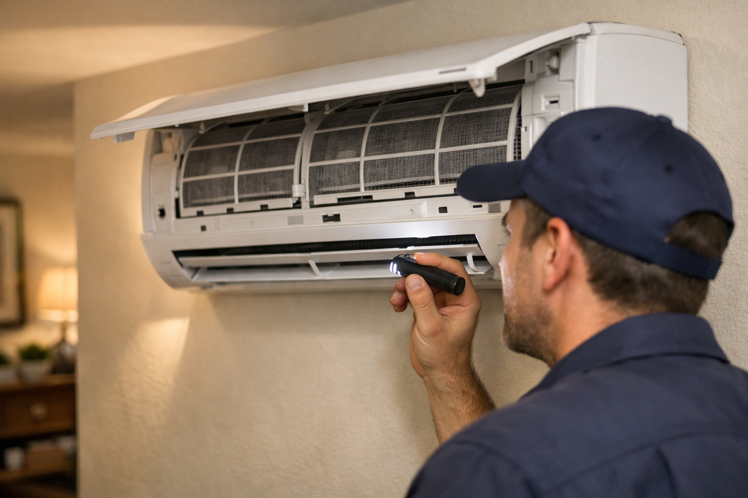 Technician inspecting air conditioner indoor unit during maintenance service