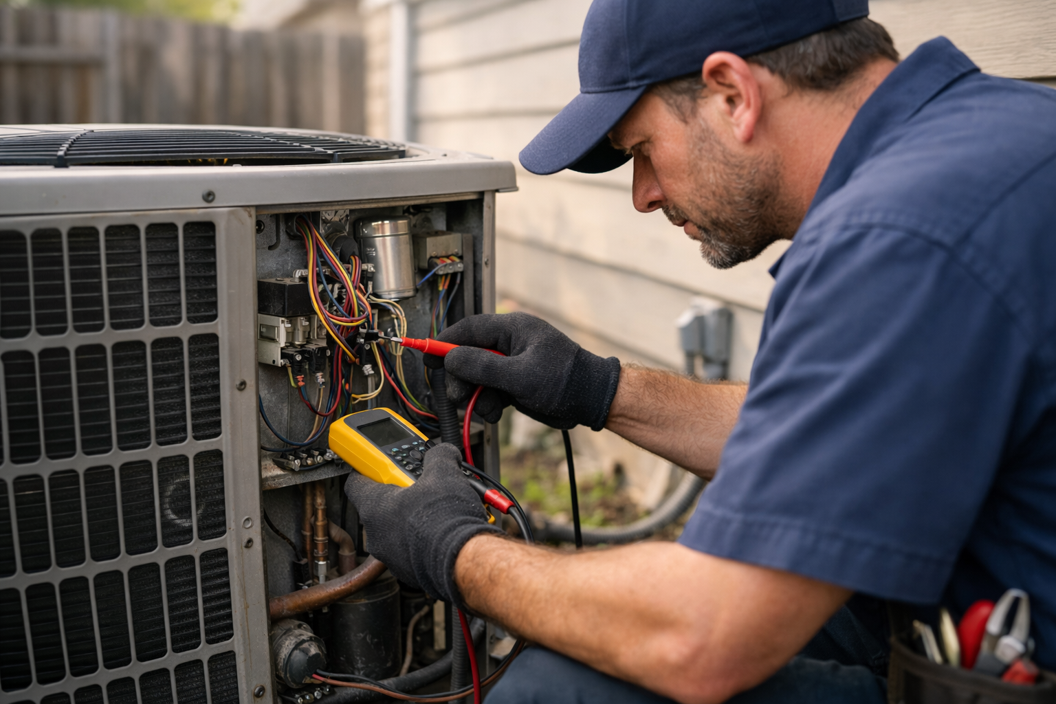 HVAC technician inspecting outdoor air conditioner condenser unit