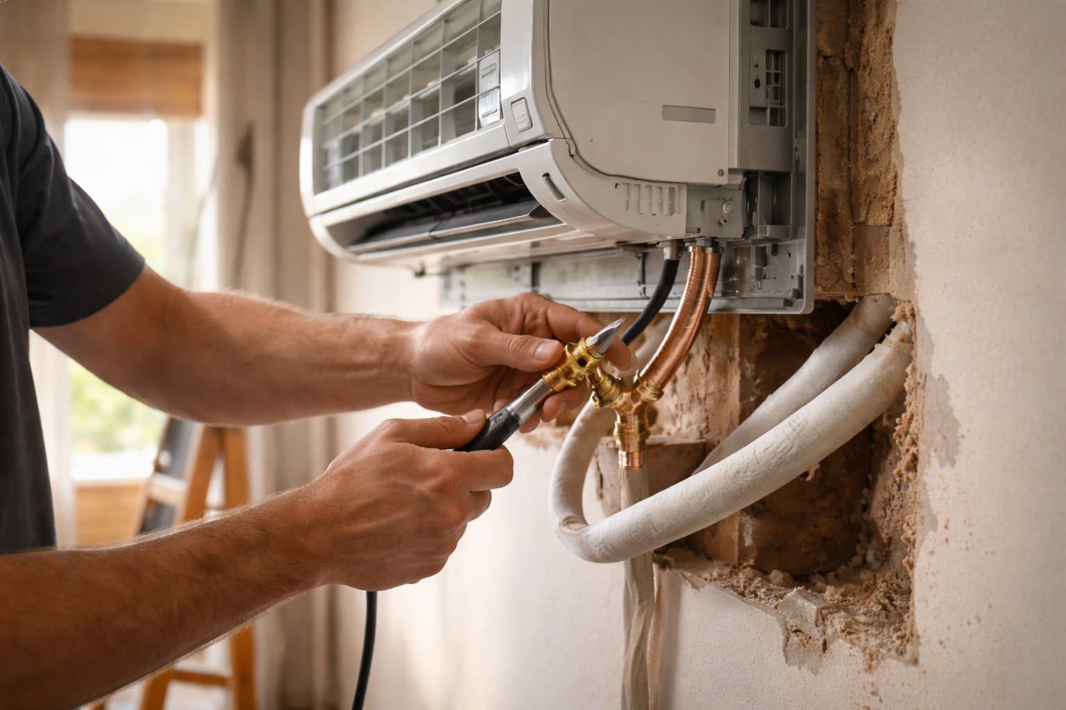 Technician installing refrigerant lines for ductless air conditioner