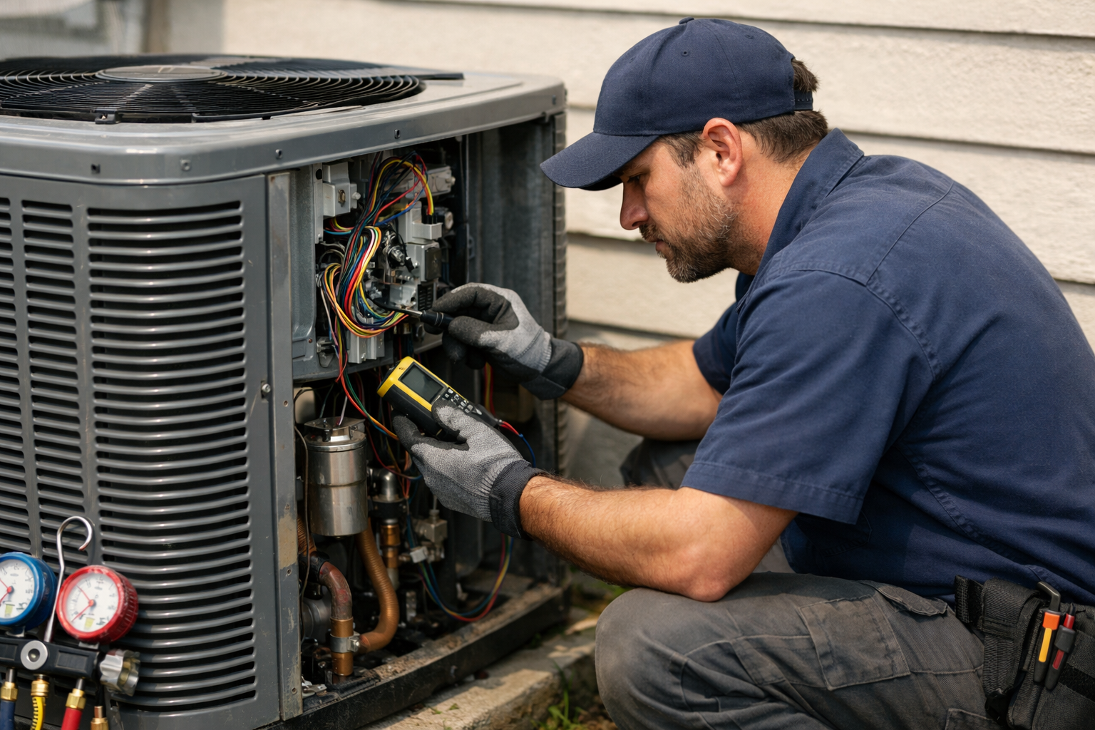 HVAC technician repairing air conditioner condenser outdoors
