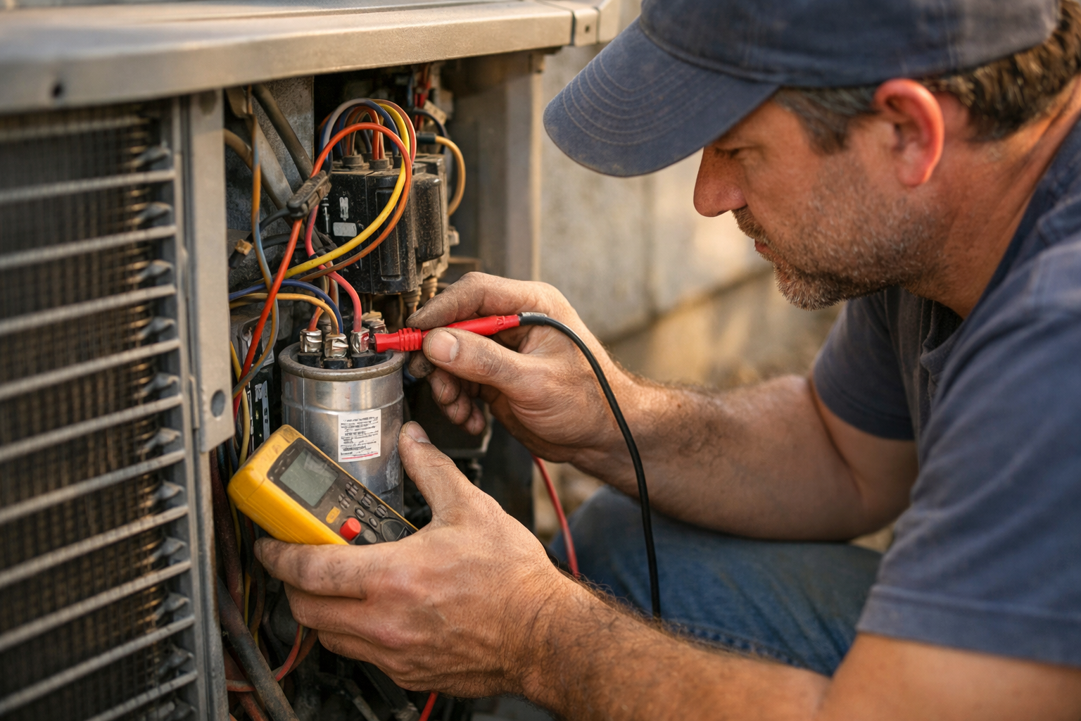 Technician testing air conditioner capacitor with multimeter