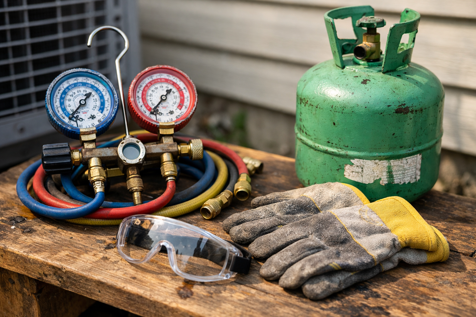 hvac tools manifold gauge and refrigerant cylinder setup outdoors