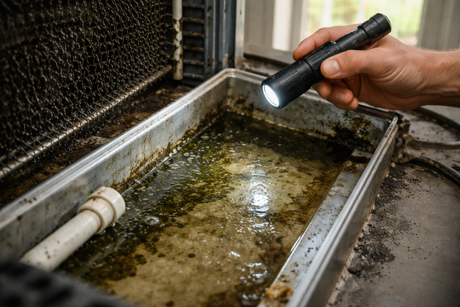 air conditioner drain pan with mold and standing water buildup