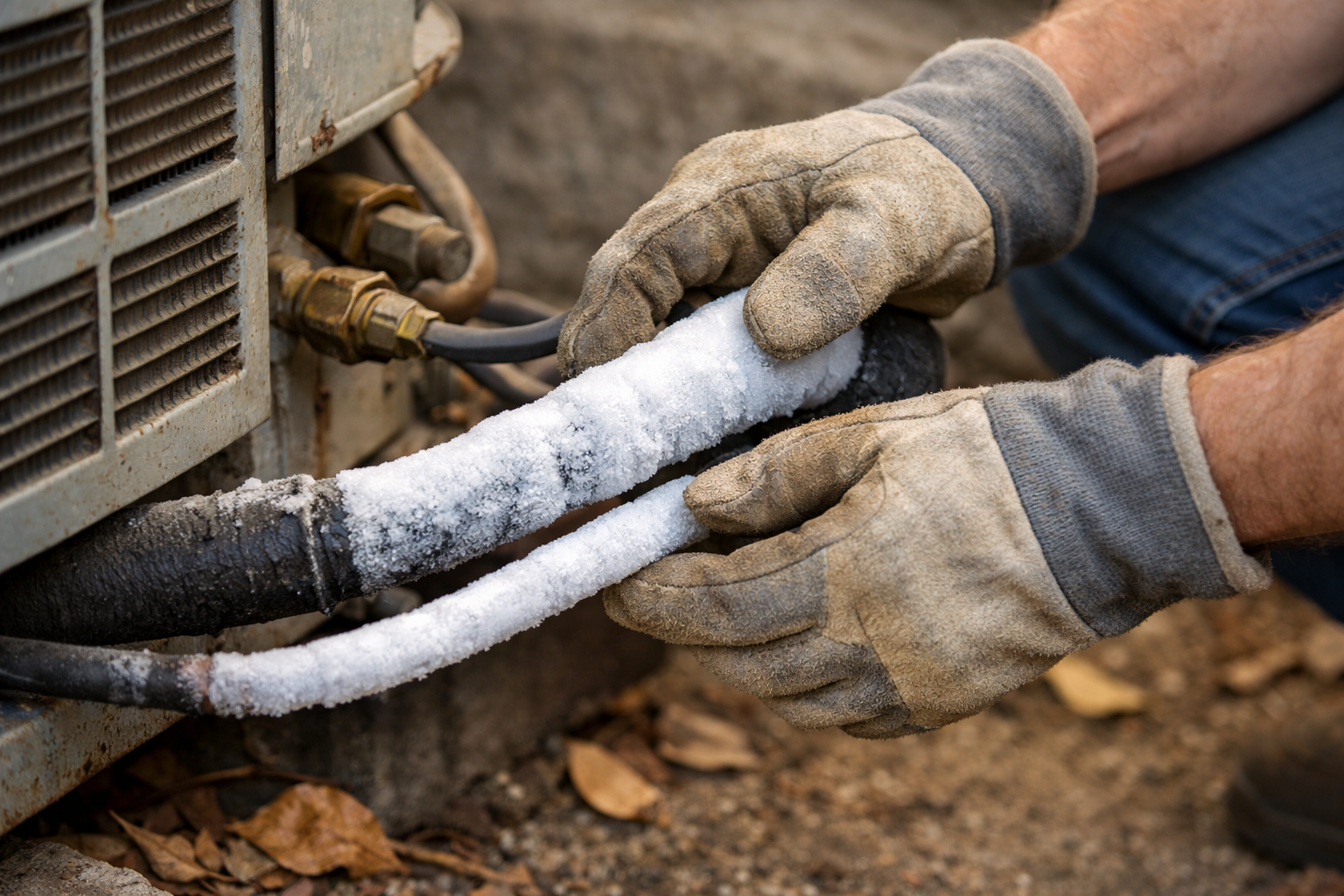 hvac technician inspecting frozen refrigerant lines on outdoor ac unit