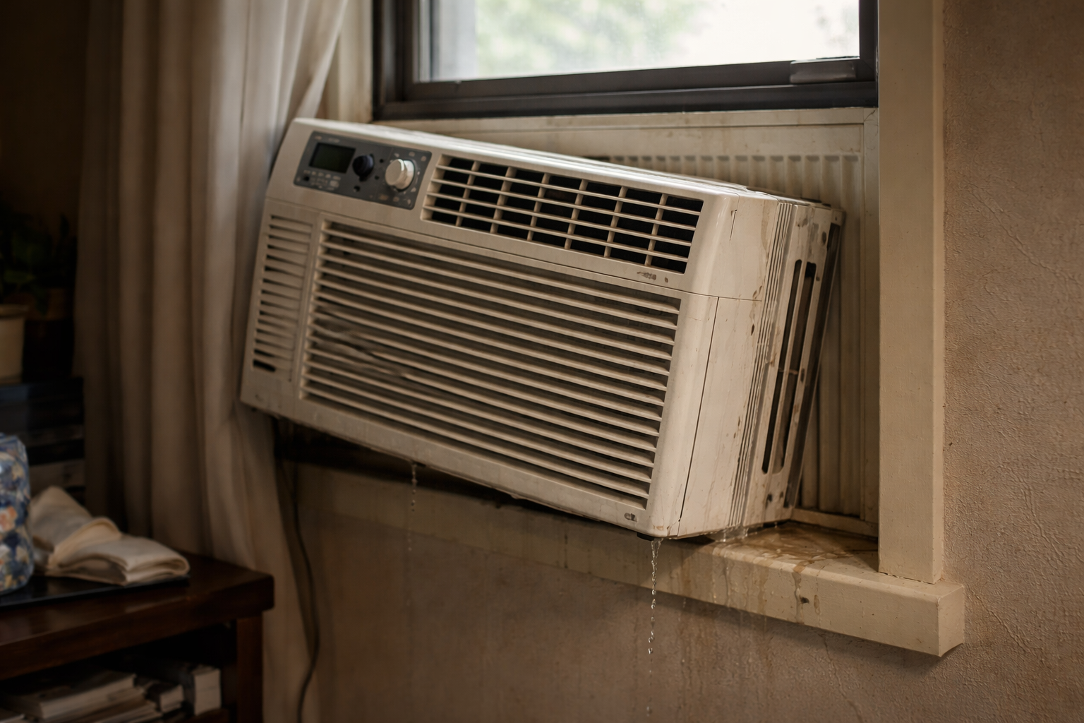 window air conditioner installed sideways causing leakage and poor performance