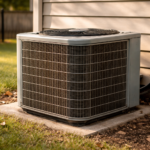 Outdoor air conditioner condenser unit beside house with natural wear