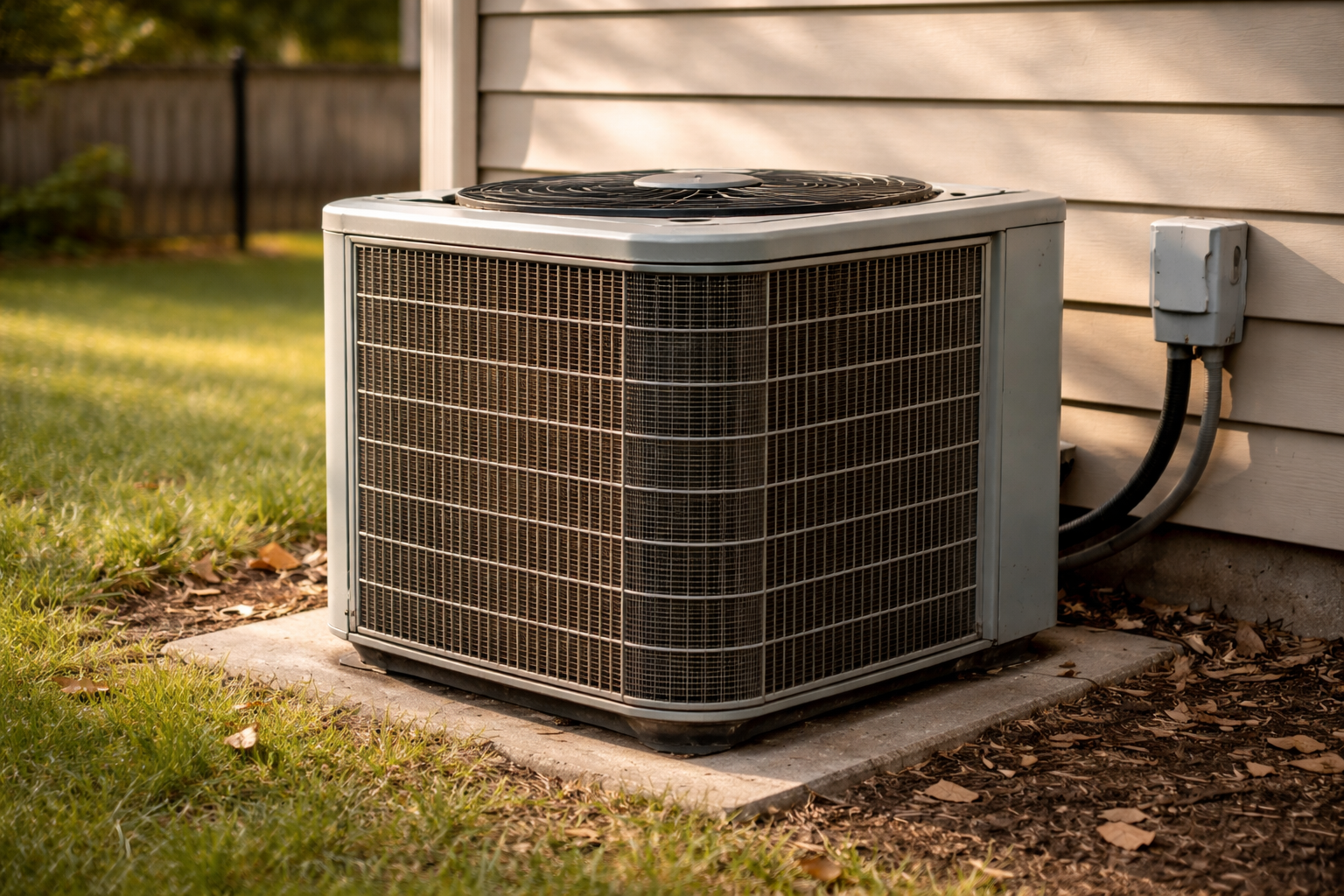 Outdoor air conditioner condenser unit beside house with natural wear