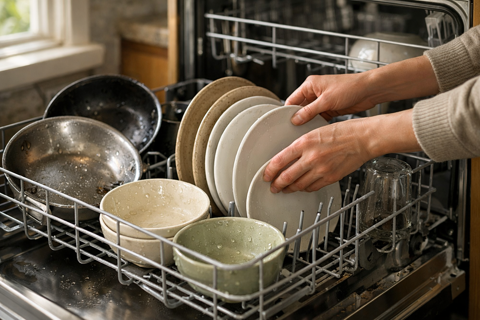 loading dishwasher with plates and cookware in natural kitchen setting