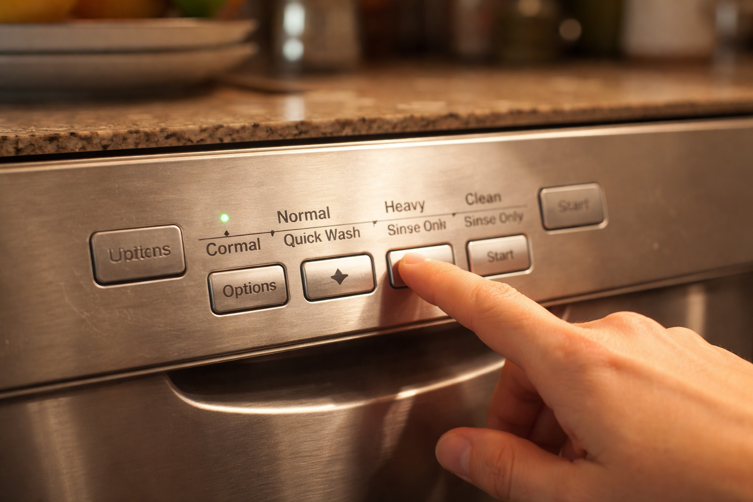 dishwasher control panel selecting wash cycle in real kitchen