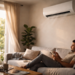Air conditioner mounted on wall in cozy home interior with natural lighting