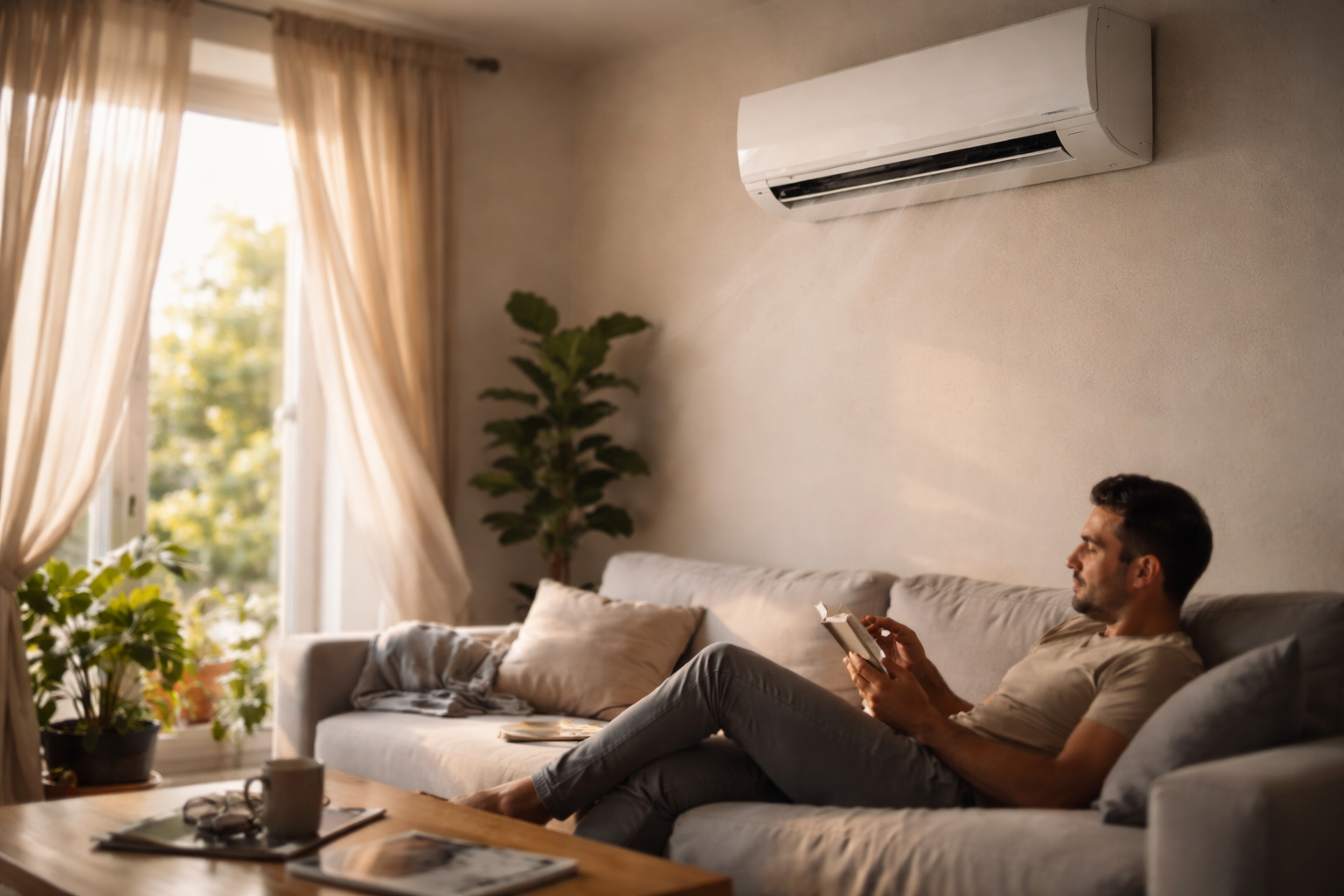 Air conditioner mounted on wall in cozy home interior with natural lighting
