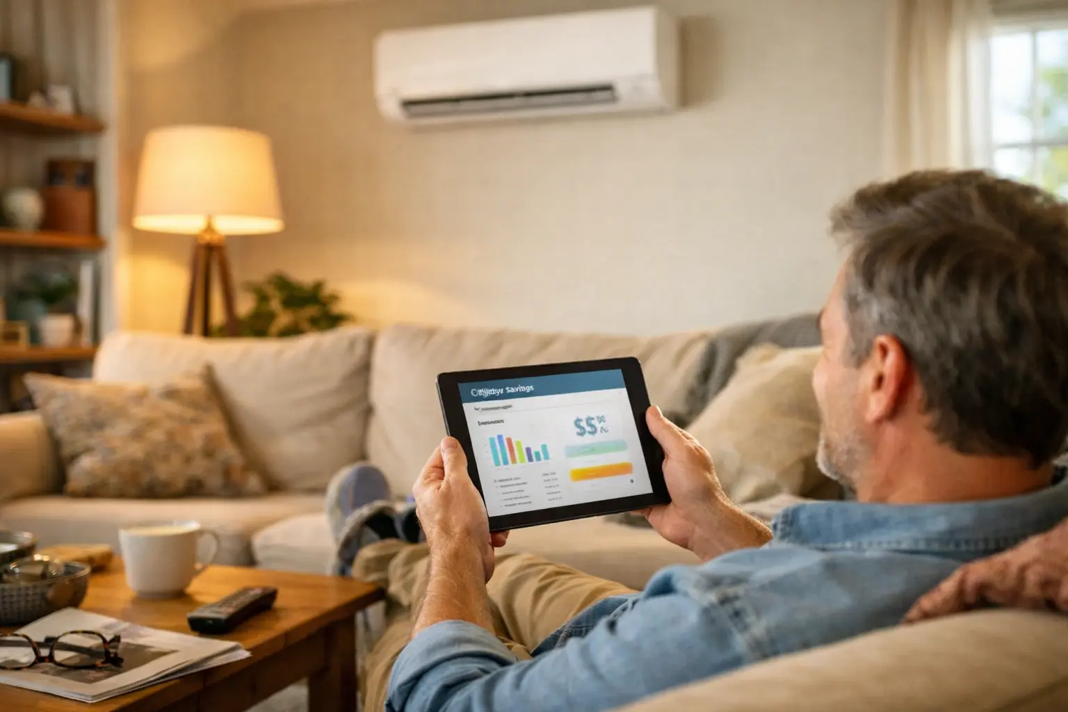 homeowner relaxing with energy efficient air conditioner in living room