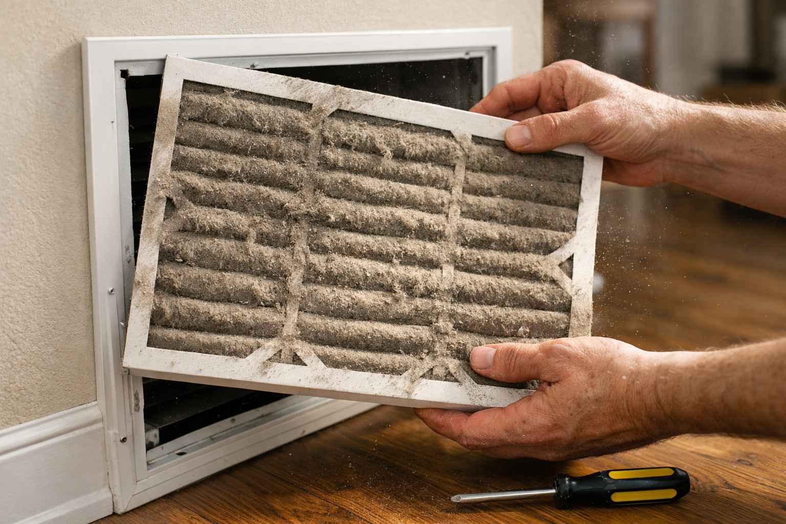 dirty AC air filter being removed during maintenance check