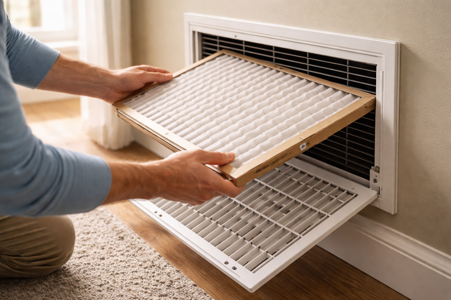 Homeowner replacing HVAC air filter in wall vent