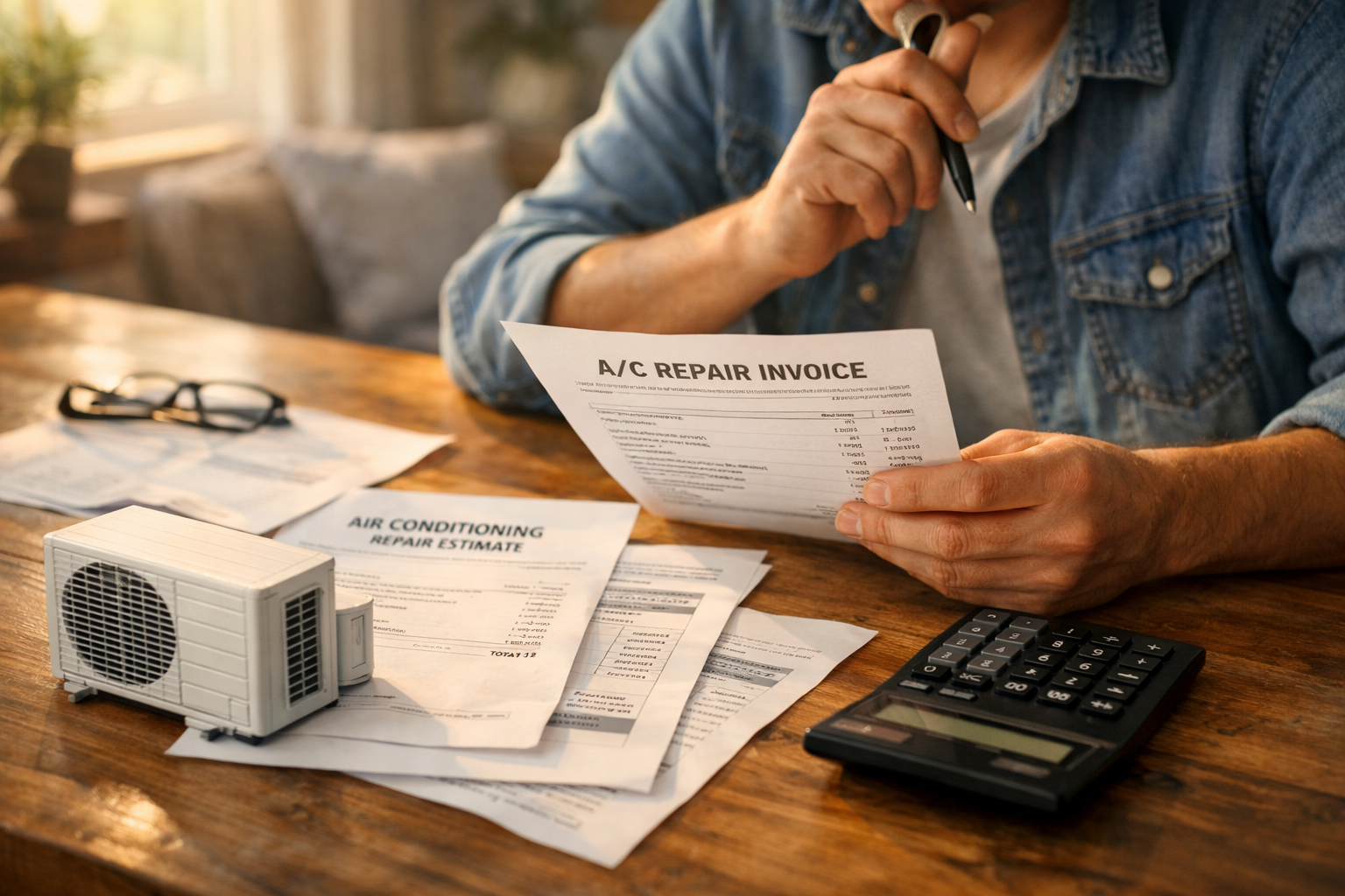 Homeowner reviewing air conditioner repair costs and documents