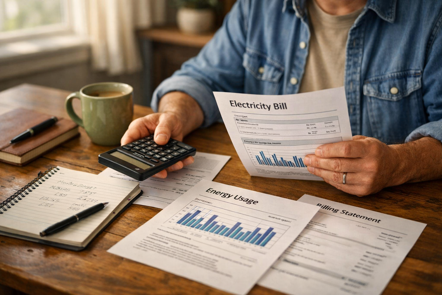Homeowner reviewing electricity bills and air conditioner energy usage