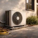 Outdoor air conditioner condenser unit beside house with natural lighting