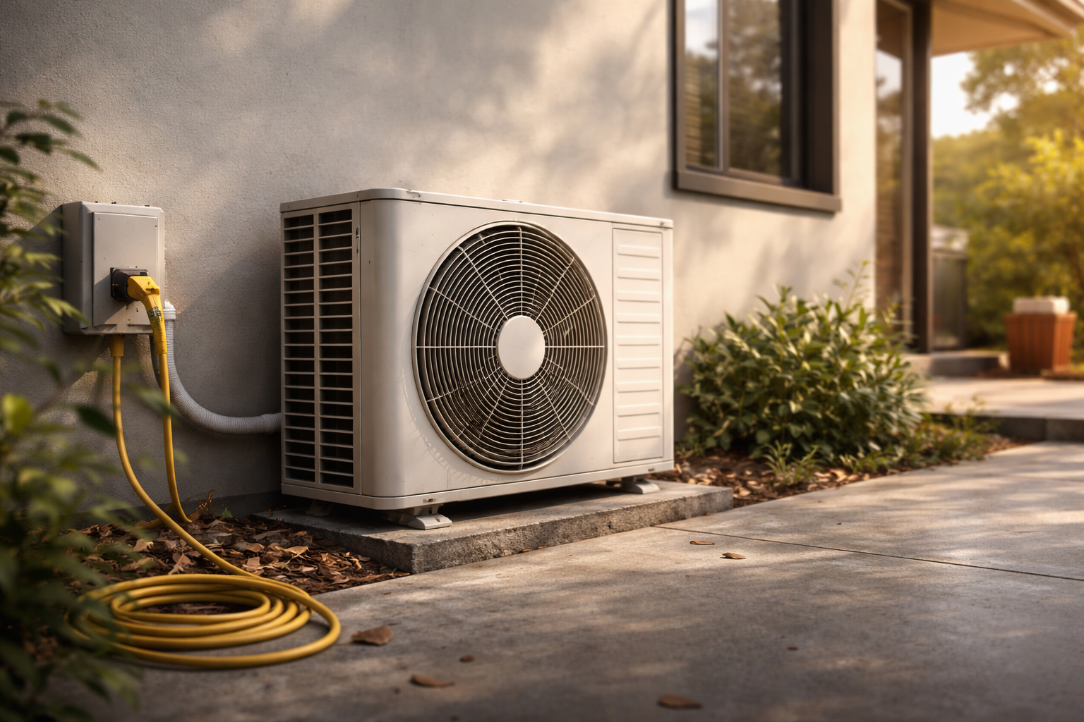 Outdoor air conditioner condenser unit beside house with natural lighting
