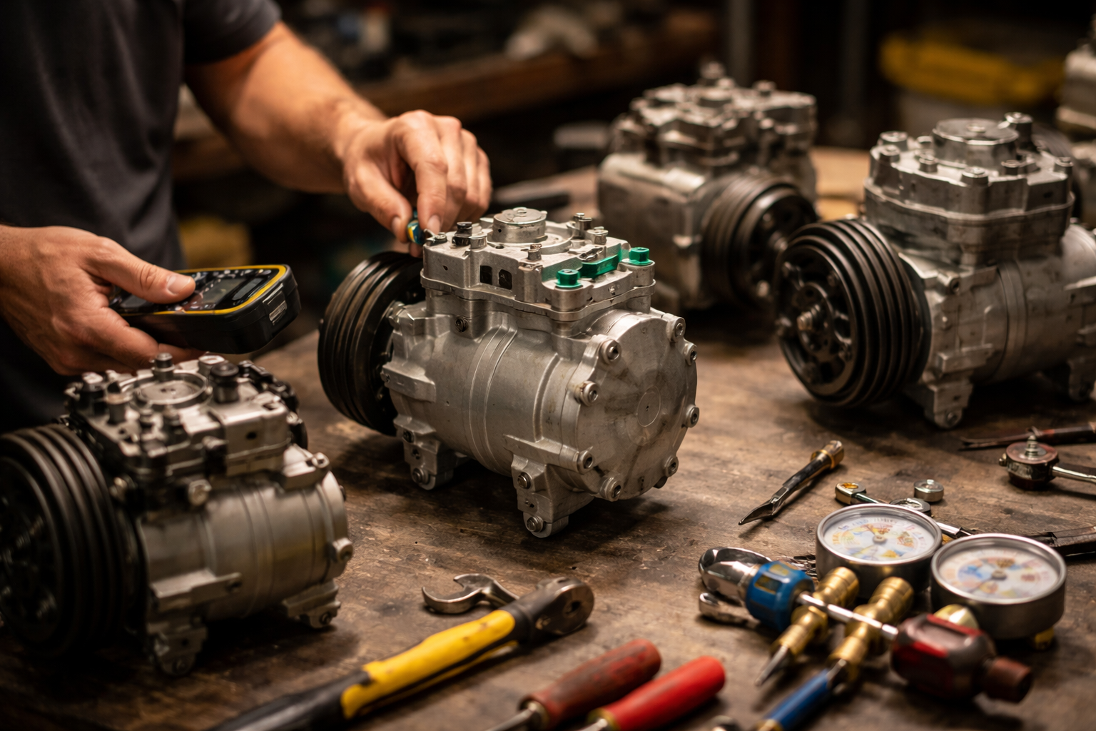 Technician inspecting different air conditioner compressor types in workshop