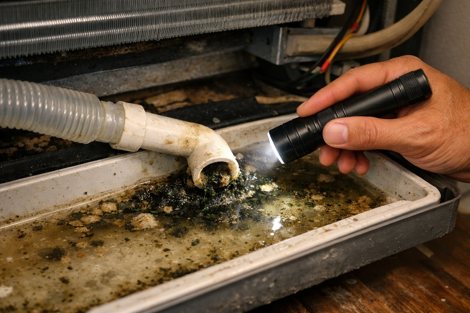 Technician inspecting clogged AC drain line with water buildup