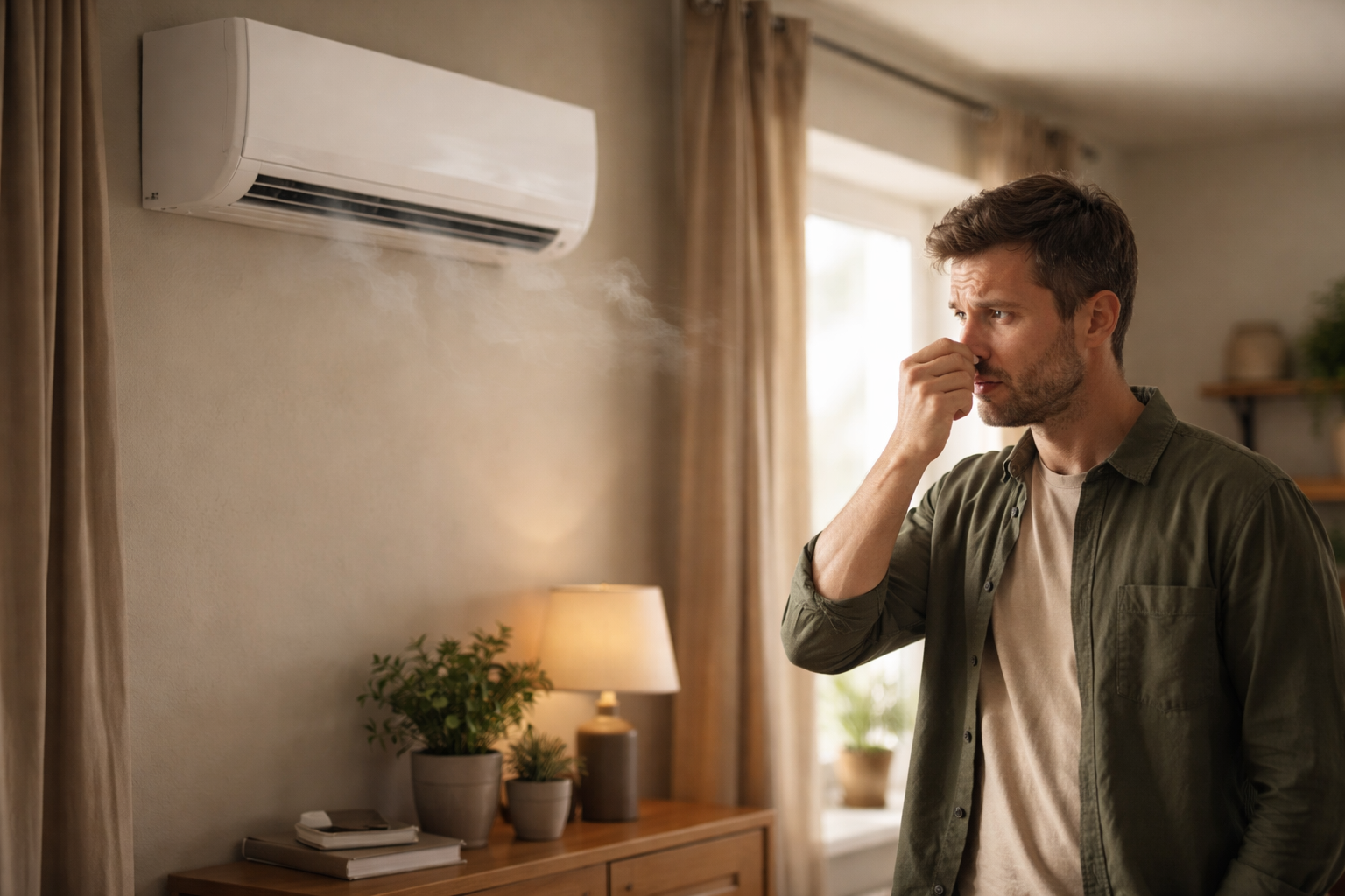 homeowner noticing bad smell from air conditioner in living room