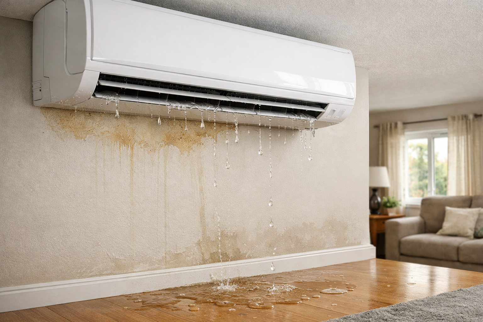 Air conditioner leaking water causing indoor wall and floor damage