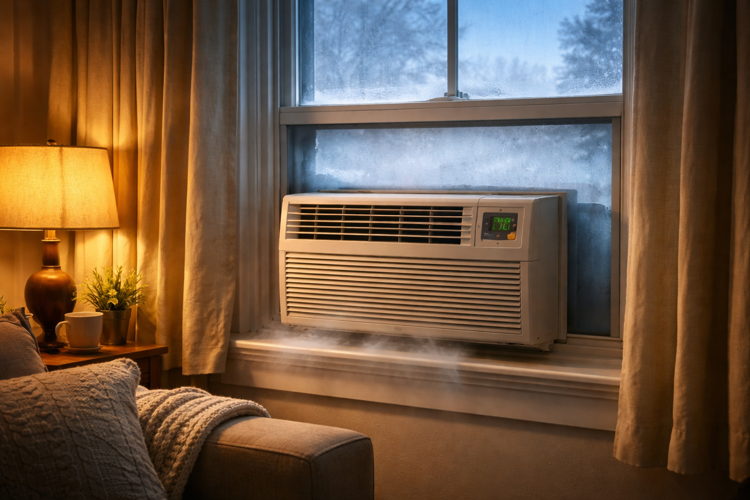 window air conditioner leaking cold air in warm living room winter
