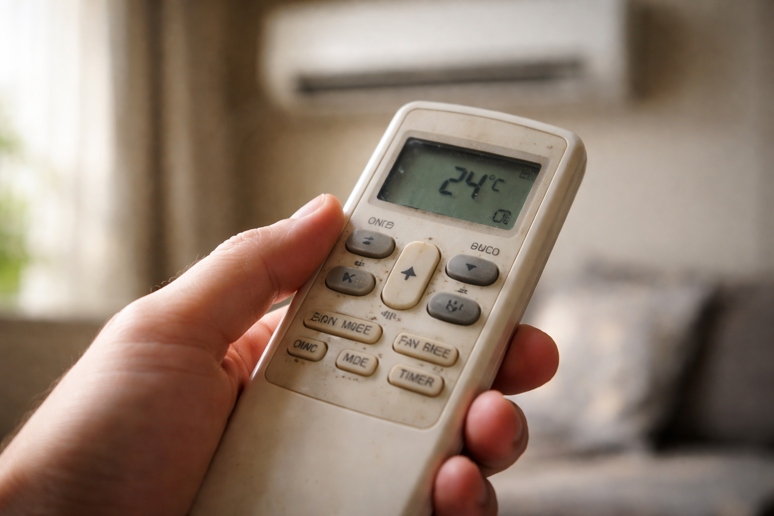 Close-up of air conditioner remote with low battery in hand
