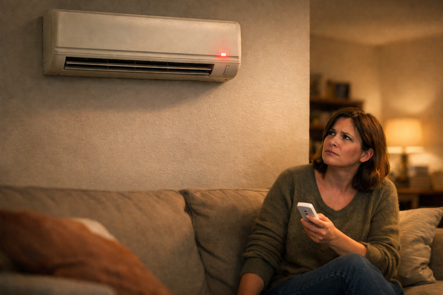 Person noticing air conditioner blinking light in living room