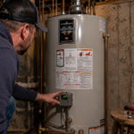 Water heater unit in basement showing maintenance inspection